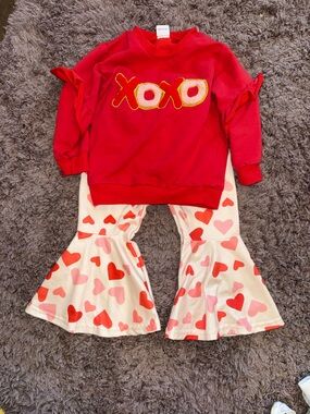 Girls Red 'XOXO' Top with Heart Print Bell-Bottoms